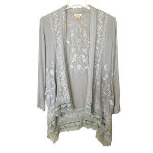 Sundance Gray Y2K Embroidered Open Front Long Line Boho Cardigan W/Lace Size M